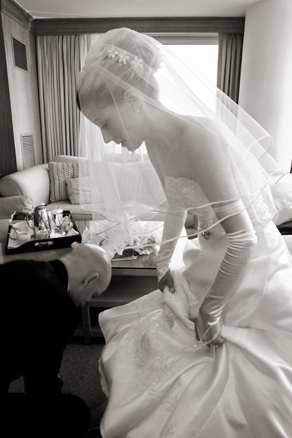 bride with full length satin gloves - wedding photo by Merri Cyr